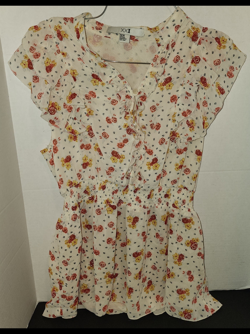 XXI Brand Blouse-Women/Junior Sz.Med.Off White Red,Yellow Floral Ruffle TopTunic